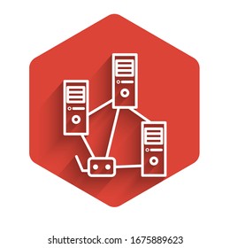 White line Computer network icon isolated with long shadow. Laptop network. Internet connection. Red hexagon button. Vector Illustration