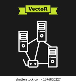 White line Computer network icon isolated on black background. Laptop network. Internet connection.  Vector Illustration