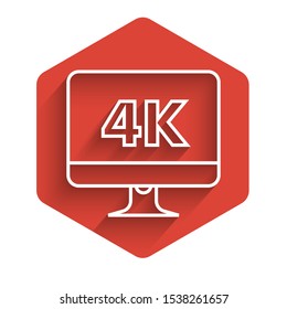 White line Computer PC monitor display with 4k video technology icon isolated with long shadow. Red hexagon button. Vector Illustration