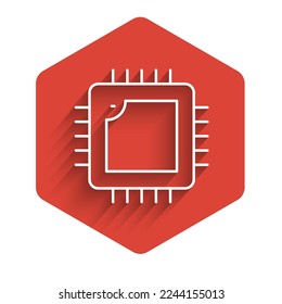 White line Computer processor with microcircuits CPU icon isolated with long shadow. Chip or cpu with circuit board. Micro processor. Red hexagon button. Vector
