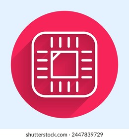 White line Computer processor with microcircuits CPU icon isolated with long shadow background. Chip or cpu with circuit board. Micro processor. Red circle button. Vector