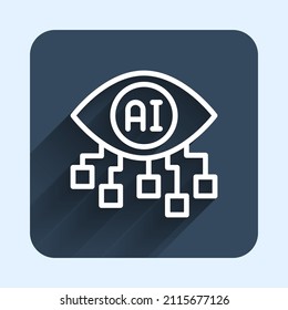 White Line Computer Vision Icon Isolated With Long Shadow Background. Technical Vision, Eye Circuit, Video Surveillance System, Augmented Reality Systems. Blue Square Button. Vector