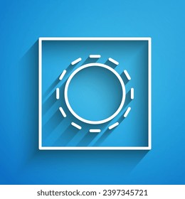 White line Condom in package safe sex icon isolated on blue background. Safe love symbol. Contraceptive method for male. Long shadow. Vector Illustration