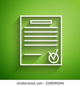 White line Confirmed document and check mark icon isolated on green background. Checklist icon. Business concept.  Vector Illustration