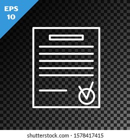 White line Confirmed document and check mark icon isolated on transparent dark background. Checklist icon. Business concept.  Vector Illustration