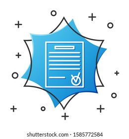 White line Confirmed document and check mark icon isolated on white background. Checklist icon. Business concept. Blue hexagon button. Vector Illustration