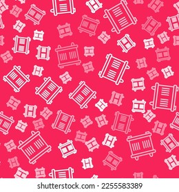 White line Container icon isolated seamless pattern on red background. Crane lifts a container with cargo.  Vector