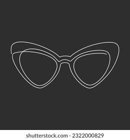 White line continuous cat eye sunglasses drawing. Vector illustration. Hand drawn linear silhouette icon on black background. Minimal design, print, banner, card, wall art poster, brochure, logo.