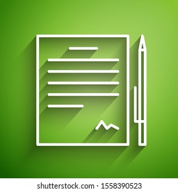 White line Contract with pen icon isolated on green background. File icon. Checklist icon. Business concept.  Vector Illustration