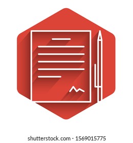 White line Contract with pen icon isolated with long shadow. File icon. Checklist icon. Business concept. Red hexagon button. Vector Illustration