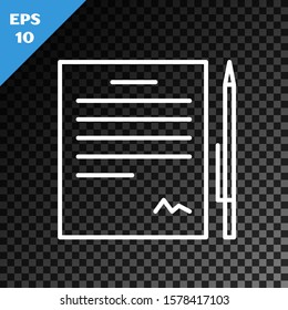 White line Contract with pen icon isolated on transparent dark background. File icon. Checklist icon. Business concept.  Vector Illustration