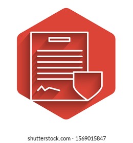White line Contract with shield icon isolated with long shadow. Insurance concept. Security, safety, protection, protect concept. Red hexagon button. Vector Illustration