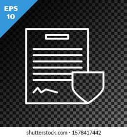 White line Contract with shield icon isolated on transparent dark background. Insurance concept. Security, safety, protection, protect concept.  Vector Illustration