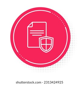 Línea blanca Contrato con icono de escudo aislado en fondo blanco. Concepto de seguro. Seguridad, seguridad, protección, concepto de protección. Botón de círculo rojo. Vector