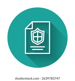 White line Contract with shield icon isolated with long shadow. Insurance concept. Security, safety, protection, protect concept. Green circle button. Vector