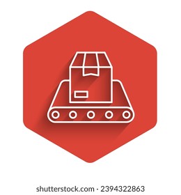 White line Conveyor belt with cardboard box icon isolated with long shadow background. Red hexagon button. Vector
