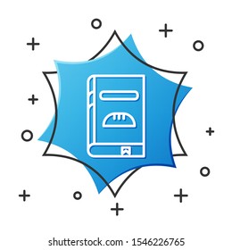 White line Cookbook icon isolated on white background. Cooking book icon. Recipe book. Fork and knife icons. Cutlery symbol. Blue hexagon button. Vector Illustration