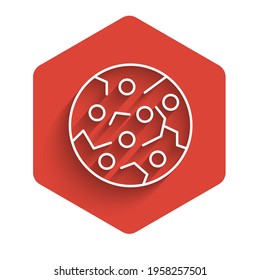 White line Cookie or biscuit with chocolate icon isolated with long shadow. Red hexagon button. Vector
