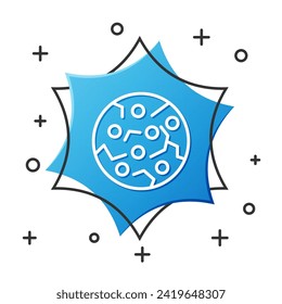 Cookie de línea blanca o galleta con icono de chocolate aislado en fondo blanco. Botón hexágono azul. Vector