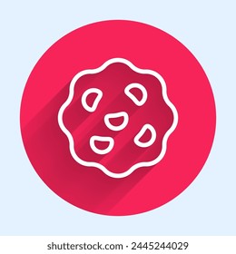 White line Cookie or biscuit with chocolate icon isolated with long shadow background. Red circle button. Vector