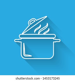 White line Cooking pot icon isolated with long shadow. Boil or stew food symbol.  Vector Illustration