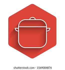 White line Cooking pot icon isolated with long shadow. Boil or stew food symbol. Red hexagon button. Vector Illustration