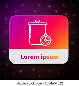 White line Cooking pot and kitchen timer icon isolated on black background. Boil or stew food symbol. Rectangle color button. Vector Illustration