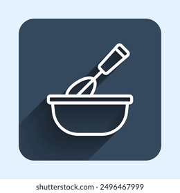 White line Cooking whisk with bowl icon isolated with long shadow background. Cooking utensil, egg beater. Cutlery sign. Food mix symbol. Blue square button. Vector