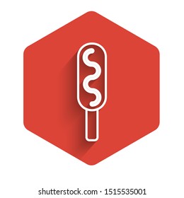 White line Corn dog icon isolated with long shadow. Traditional american fast food. Red hexagon button. Vector Illustration