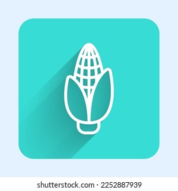 Icono de maíz de línea blanca aislado con sombra larga. Botón cuadrado verde. Vector