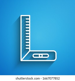 White line Corner ruler icon isolated on blue background. Setsquare, angle ruler, carpentry, measuring utensil, scale. Long shadow. Vector Illustration