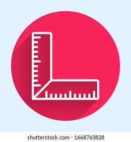 White line Corner ruler icon isolated with long shadow. Setsquare, angle ruler, carpentry, measuring utensil, scale. Red circle button. Vector Illustration