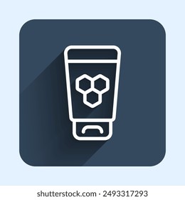 White line Cosmetic tube with honey icon isolated with long shadow background. Natural skin care. Blue square button. Vector
