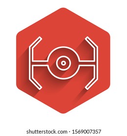 White line Cosmic ship icon isolated with long shadow. Red hexagon button. Vector Illustration