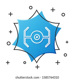 White line Cosmic ship icon isolated on white background. Blue hexagon button. Vector Illustration