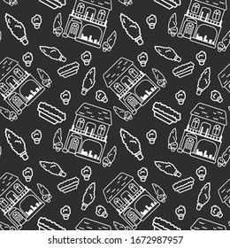 White line cottage on dark grey backdrop. Flower bed seamless pattern for wallpaper, wrap paper, bath tile, apparel or bed linen. Phone case or cloth print. Minimal style stock vector illustration