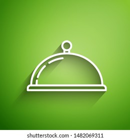 White line Covered with a tray of food icon isolated on green background. Tray and lid sign. Restaurant cloche with lid. kitchenware symbol.  Vector Illustration