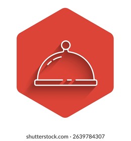 White line Covered with a tray of food icon isolated with long shadow. Tray and lid. Restaurant cloche with lid. Kitchenware symbol. Red hexagon button. Vector