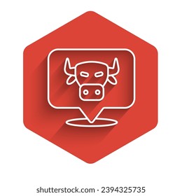 White line Cow head icon isolated with long shadow. Red hexagon button. Vector