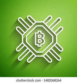 White line CPU mining farm icon isolated on green background. Bitcoin sign inside processor. Cryptocurrency mining community. Digital money.  Vector Illustration