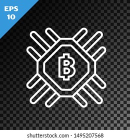 White line CPU mining farm icon isolated on transparent dark background. Bitcoin sign inside processor. Cryptocurrency mining community. Digital money.  Vector Illustration