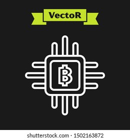 White line CPU mining farm icon isolated on black background. Bitcoin sign inside processor. Cryptocurrency mining community. Digital money.  Vector Illustration
