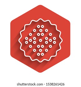 White line Cracker biscuit icon isolated with long shadow. Sweet cookie. Red hexagon button. Vector Illustration