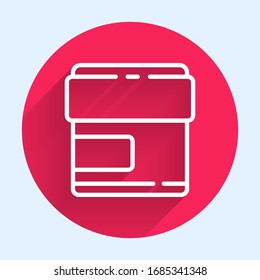White line Cream or lotion cosmetic tube icon isolated with long shadow. Body care products for men. Red circle button. Vector Illustration