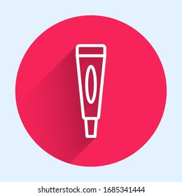 White line Cream or lotion cosmetic tube icon isolated with long shadow. Body care products for men. Red circle button. Vector Illustration