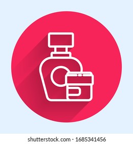 White line Cream or lotion cosmetic tube icon isolated with long shadow. Body care products for men. Red circle button. Vector Illustration