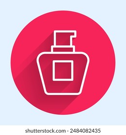White line Cream or lotion cosmetic tube icon isolated with long shadow. Body care products for woman. Red circle button. Vector