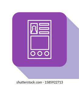White line Create account screen icon isolated on white background. Purple square button. Vector Illustration