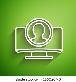 Línea blanca Crear icono de pantalla de cuenta aislado en fondo verde. Ilustración vectorial