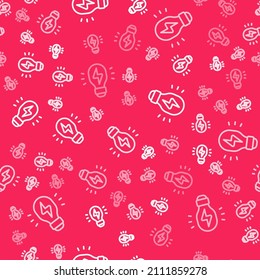 White line Creative lamp light idea icon isolated seamless pattern on red background. Concept ideas inspiration, invention, effective thinking, knowledge and education.  Vector